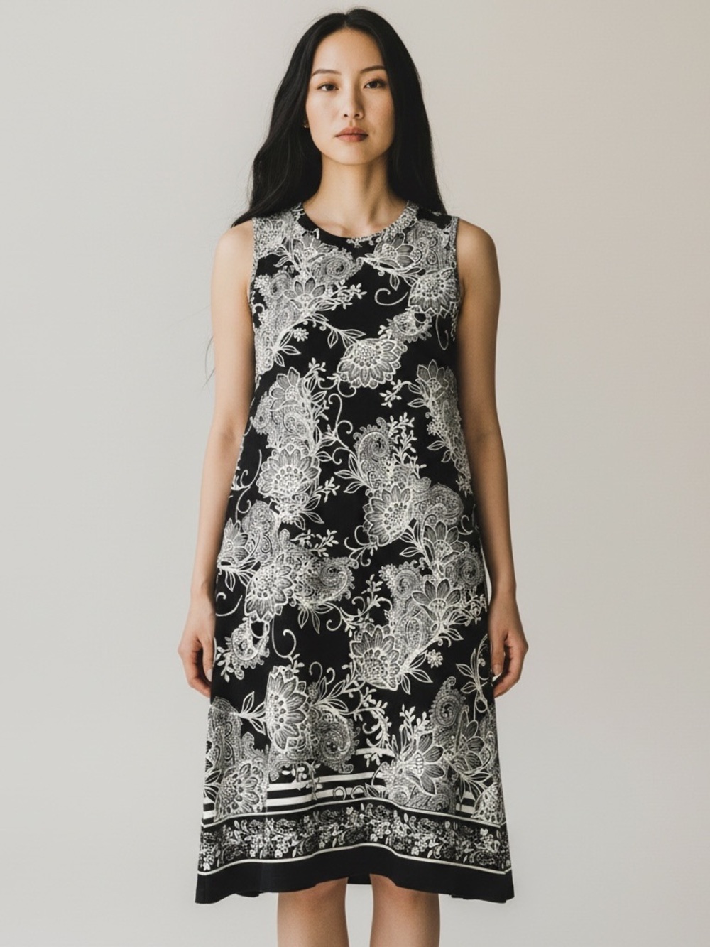 Apt. 9 Black and White Floral Sleeveless A-Line Dress